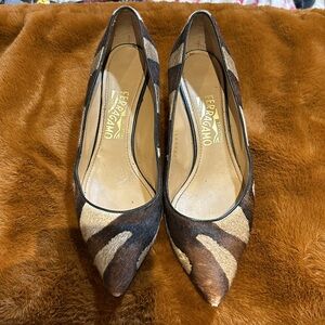 Salvatore Ferragamo calf-hair, Fur Pumps Kitten Heels. Brown and Tan, 8 1/2 B.